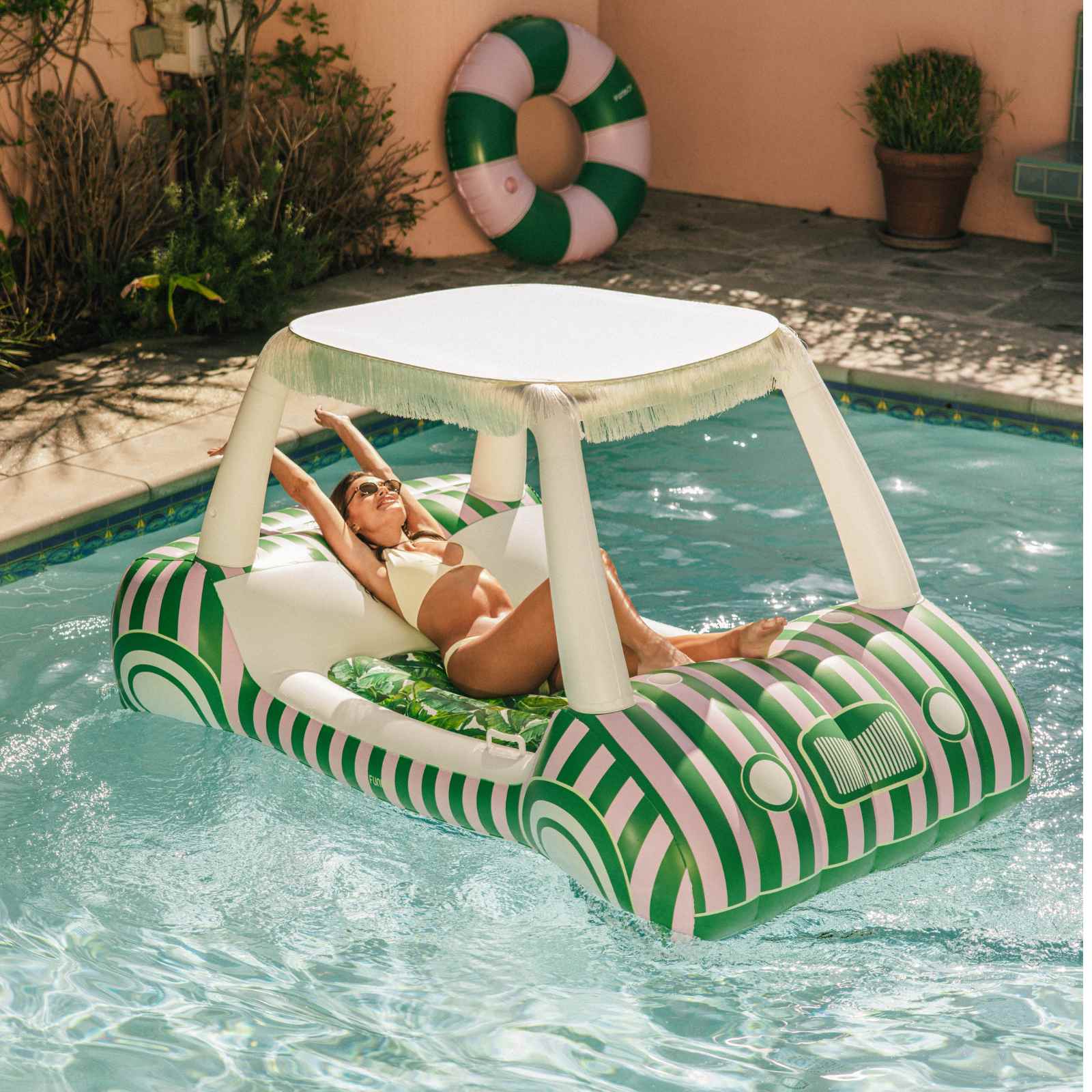 Funboy Signature | Green & Pink Palm Cabana Golf Cart Pool Float, Removable Shade