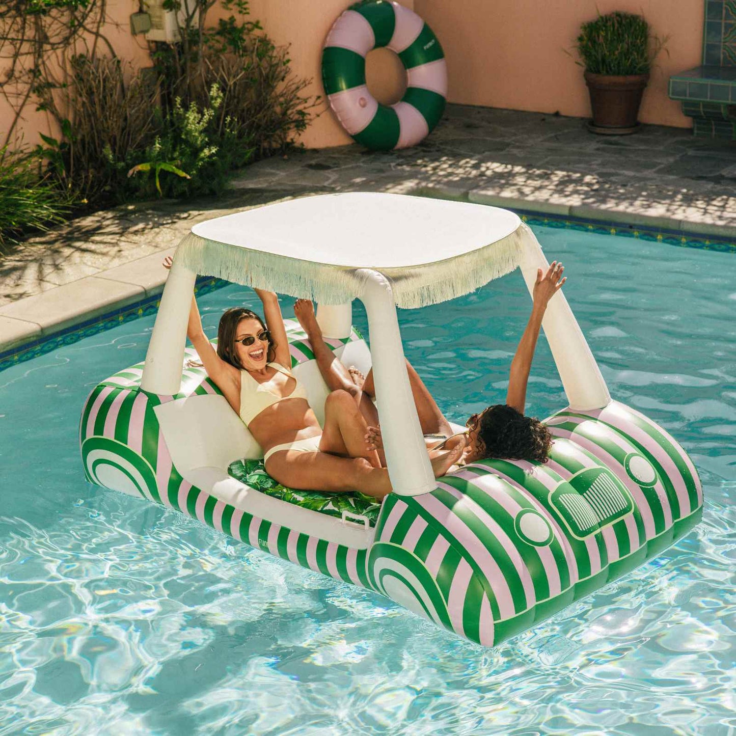 Funboy Signature | Green & Pink Palm Cabana Golf Cart Pool Float, Removable Shade