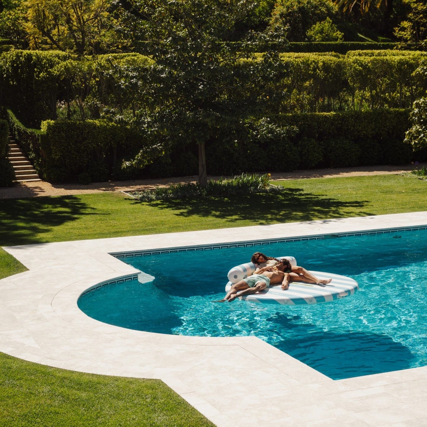 Funboy Popular | Inflatable Floating Dock: White, Blue Stripes Palm