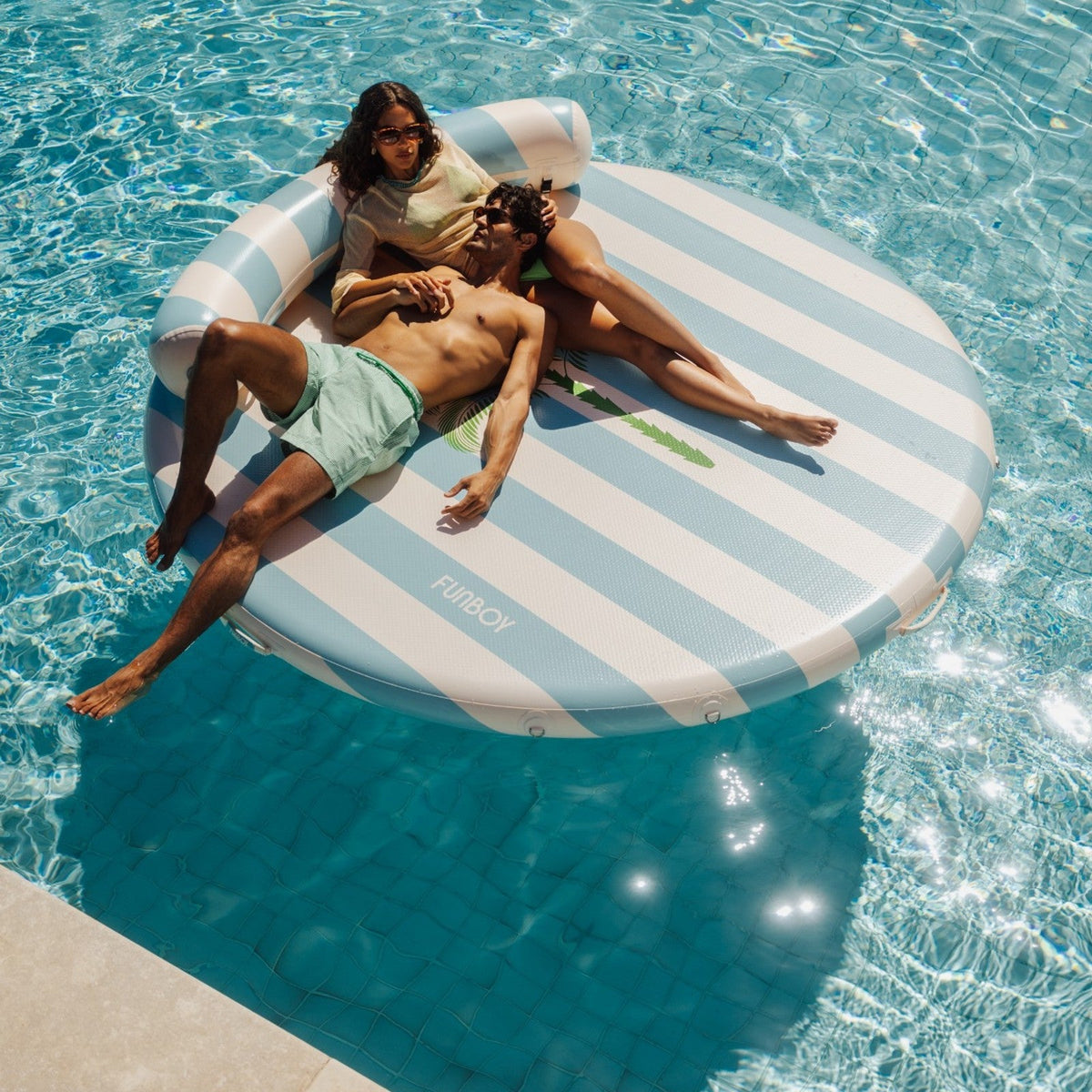 Funboy Popular | Inflatable Floating Dock: White, Blue Stripes Palm