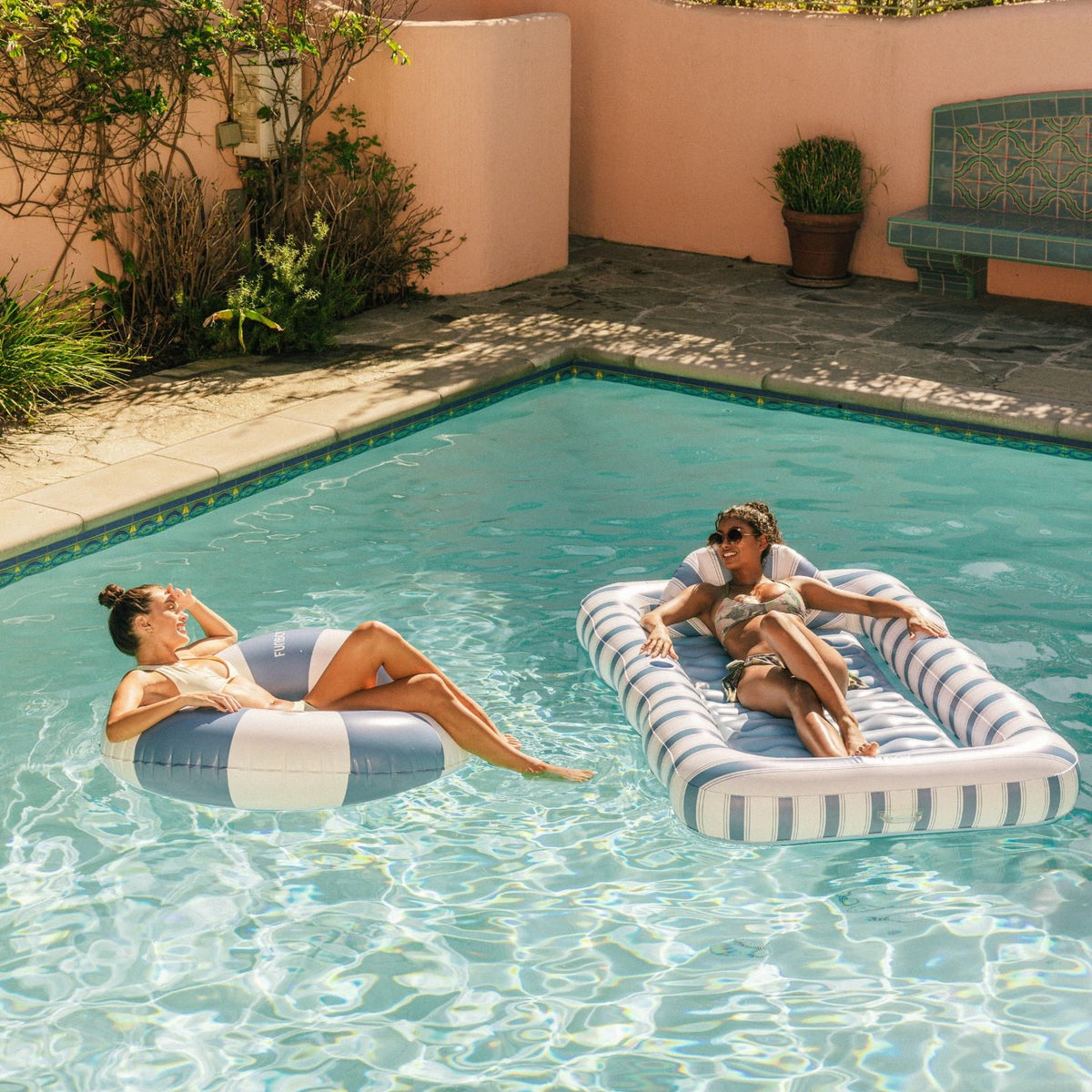 Funboy Recommended | Large Pool Tube Float: Denim Blue Orange & White Stripes, 46"