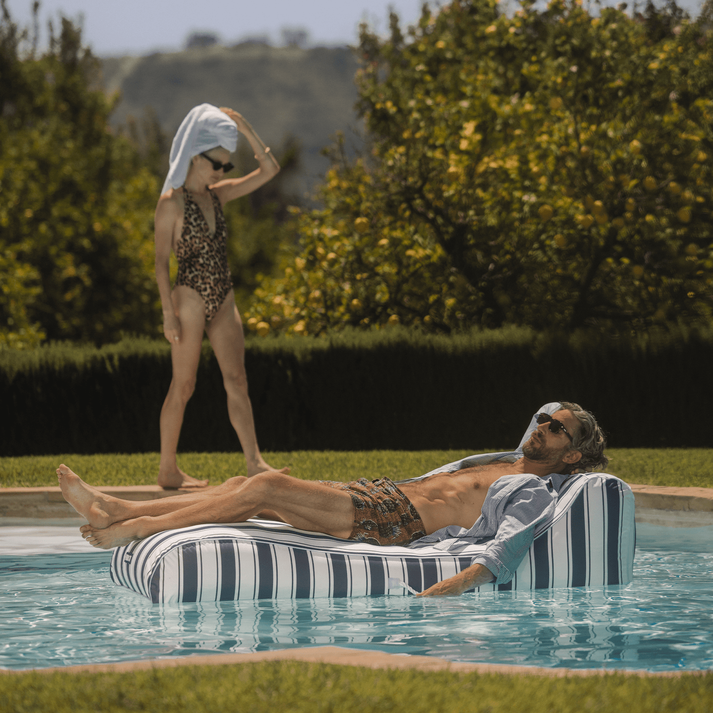 Funboy Signature | Fabric Covered Pool Float - Navy Stripe Sunbed Lounger