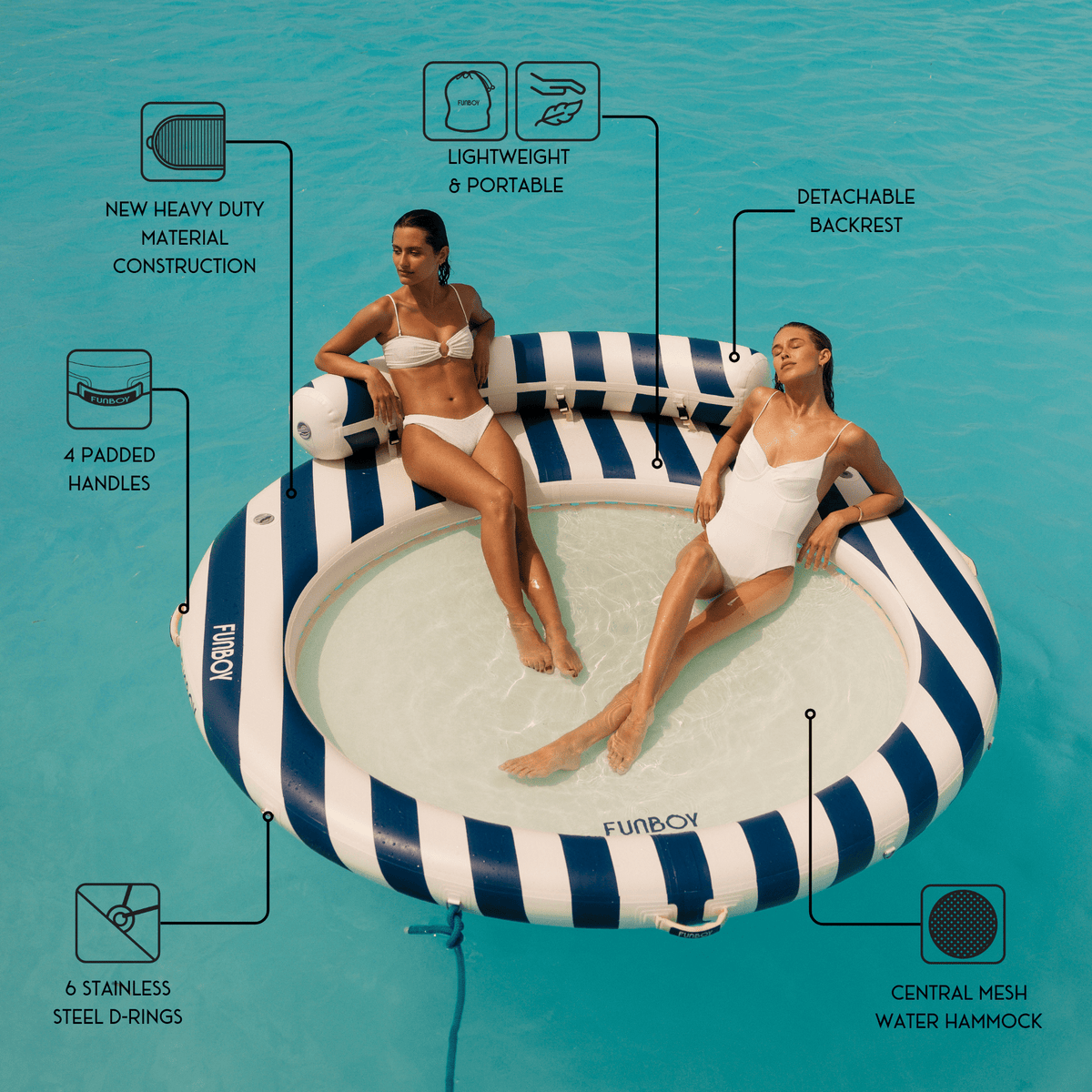 Funboy Featured | Inflatable Floating Dock: Navy Blue with Backrest
