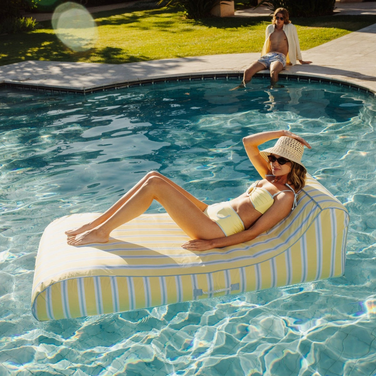 Funboy Best Seller | Fabric Covered Pool Float - Yellow, Blue & White Striped Sunbed Lounger