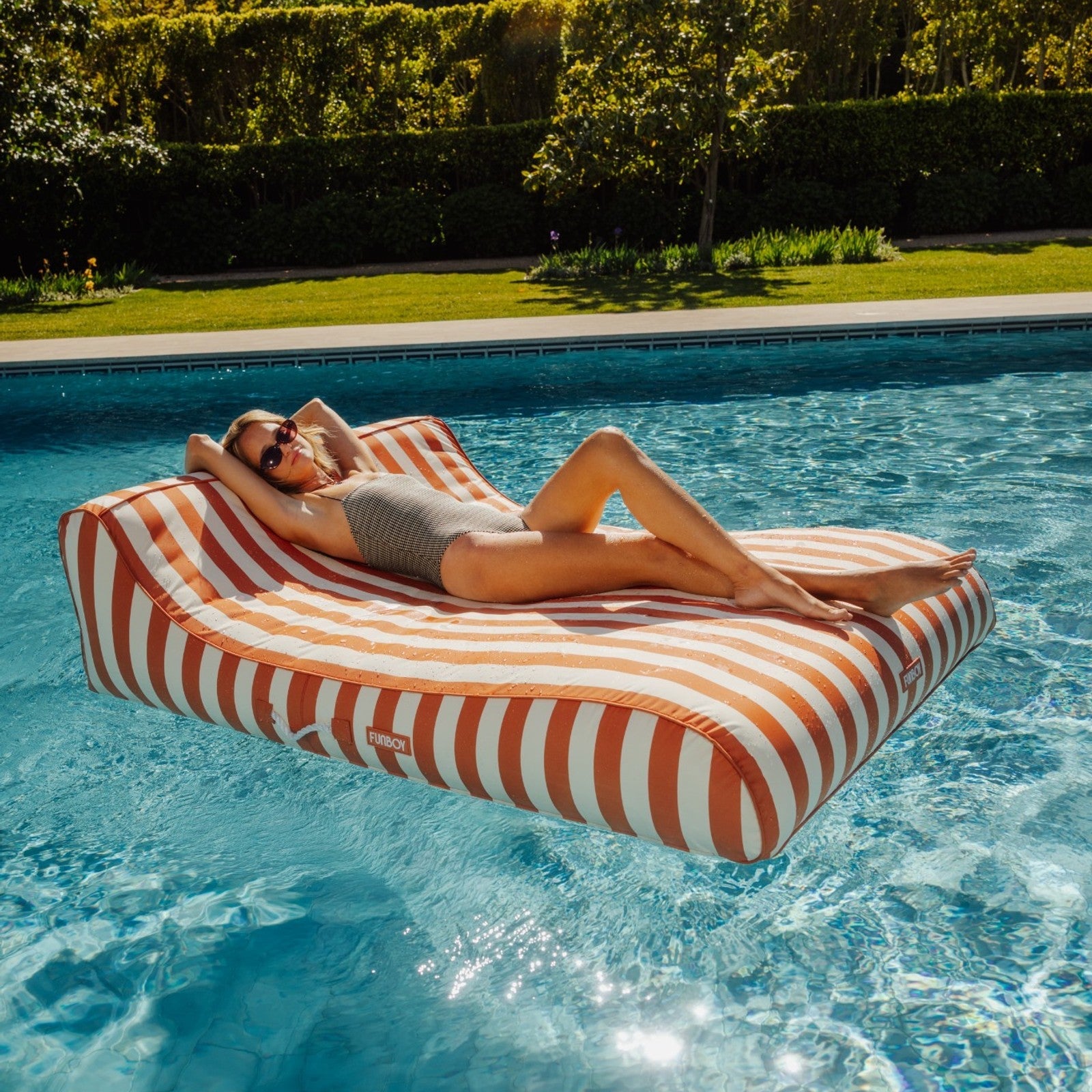 Funboy Popular | XL Fabric Covered Pool Float Sunbed Lounger - Orange Cabana Stripes