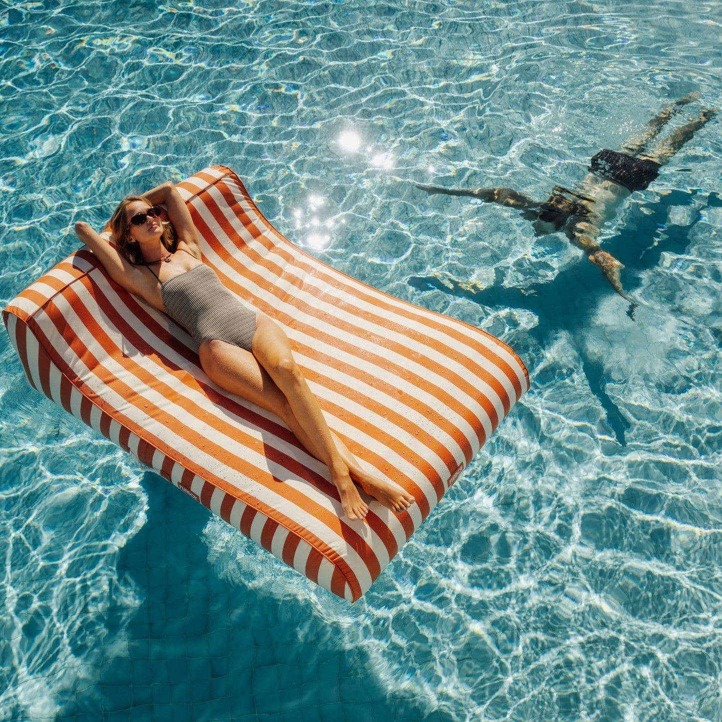 Funboy Popular | XL Fabric Covered Pool Float Sunbed Lounger - Orange Cabana Stripes