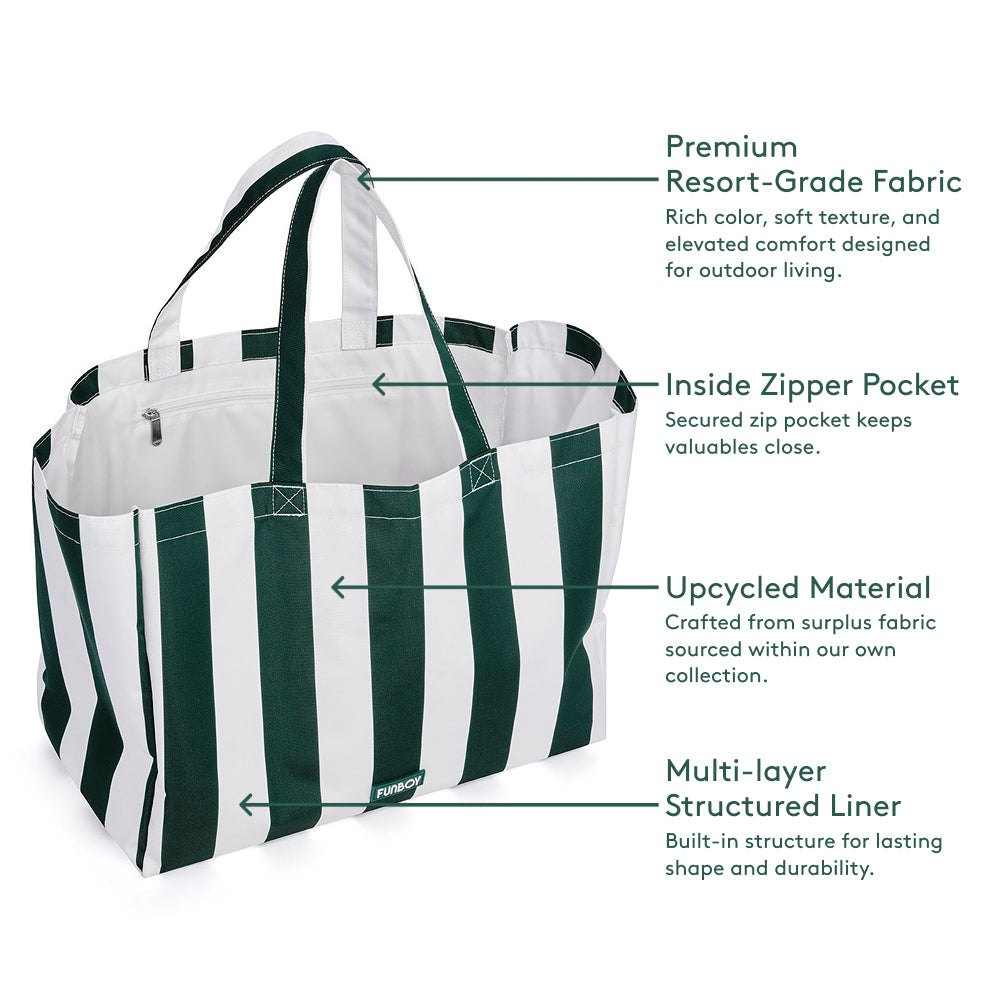 Funboy Best Seller | Beach Bag Tote, Green Cabana Stripe