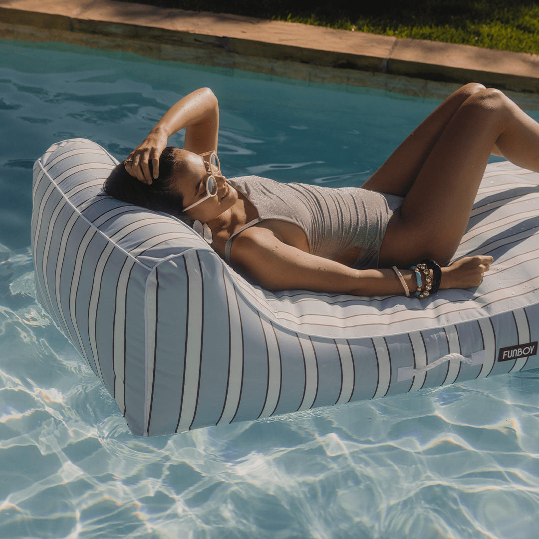 Funboy Featured | Fabric Covered Pool Float - Blue, White & red Cabana Sunbed Lounger