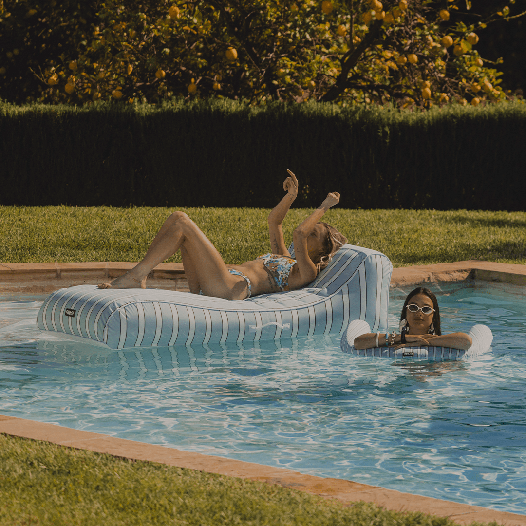 Funboy Featured | Fabric Covered Pool Float - Blue, White & red Cabana Sunbed Lounger