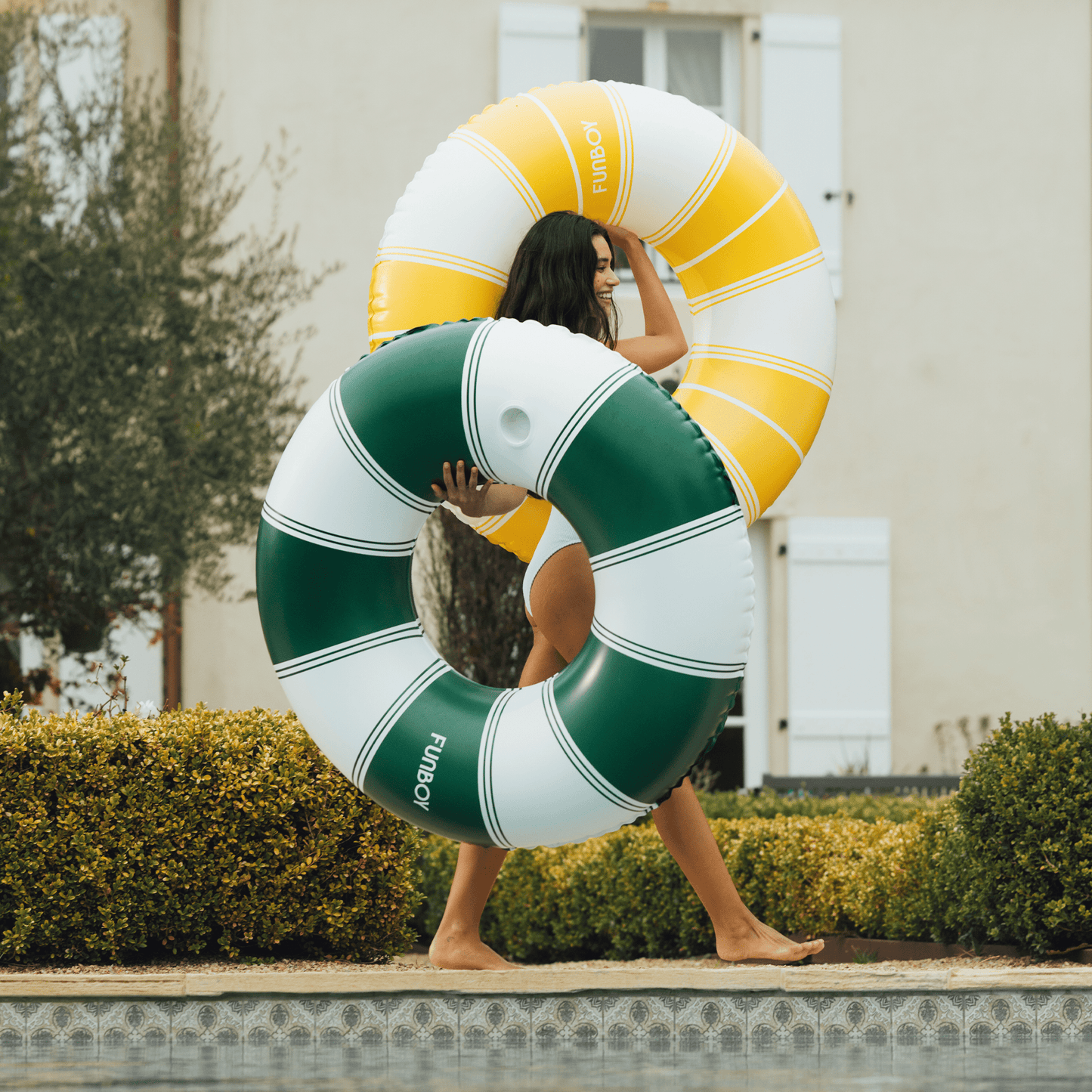 Funboy Exclusive | Vintage Green Stripe Inflatable Pool Float with Cup Holder 48"