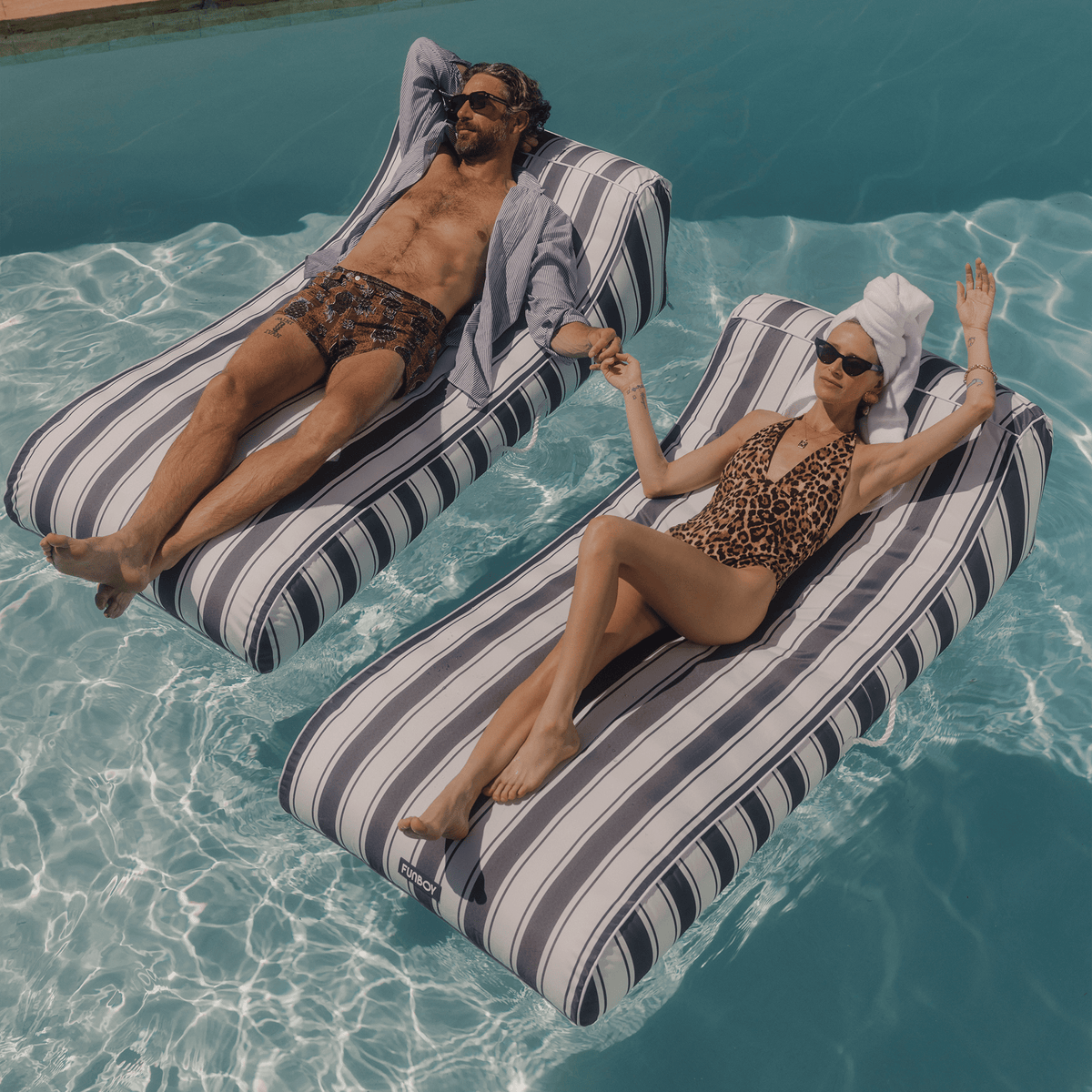 Funboy Featured | Cabana Navy Stripe Sunbed Lounger 2 Pack Fabric-Covered Pool Floats