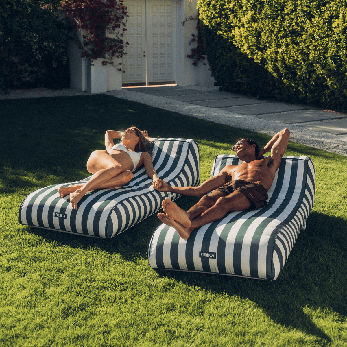 Funboy Trending | Fabric Covered Sunbed Lounger Pool Float. Green Striped 2 Pack