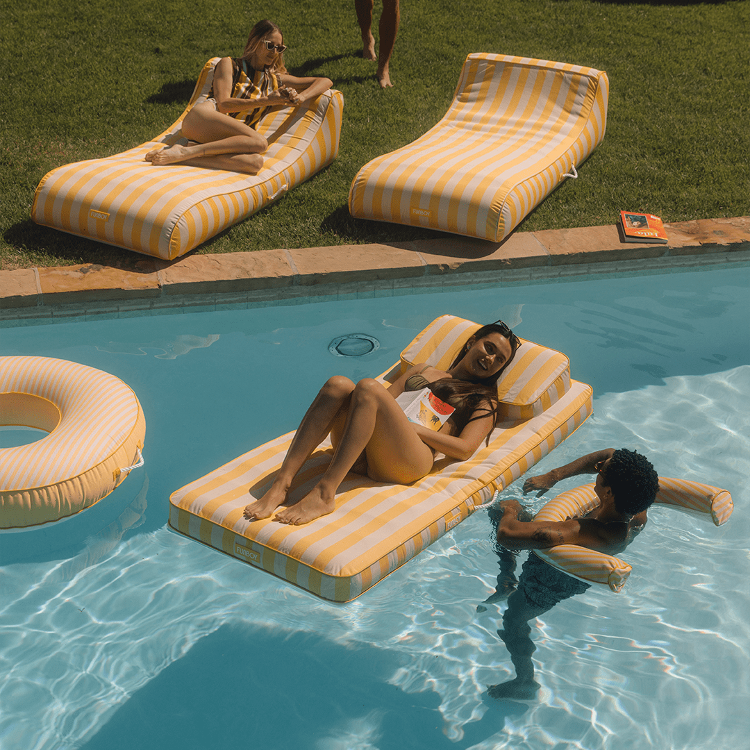 Funboy Recommended | Fabric Classic Mat Lounger Pool Float - Yellow Cabana Stripe