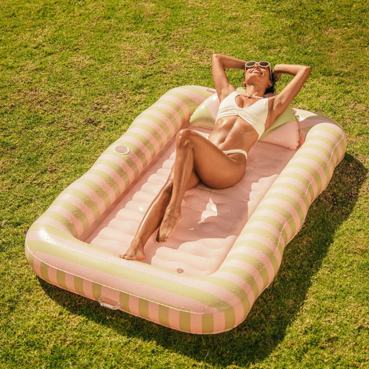 Funboy Recommended | Tanning Pool Lounger: Coral & Blue Stripes